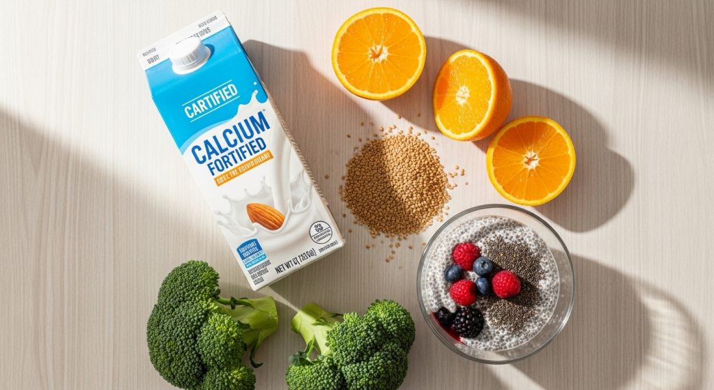 Top-view of calcium power foods: fortified almond milk carton, sesame seeds, broccoli, oranges, chia pudding.