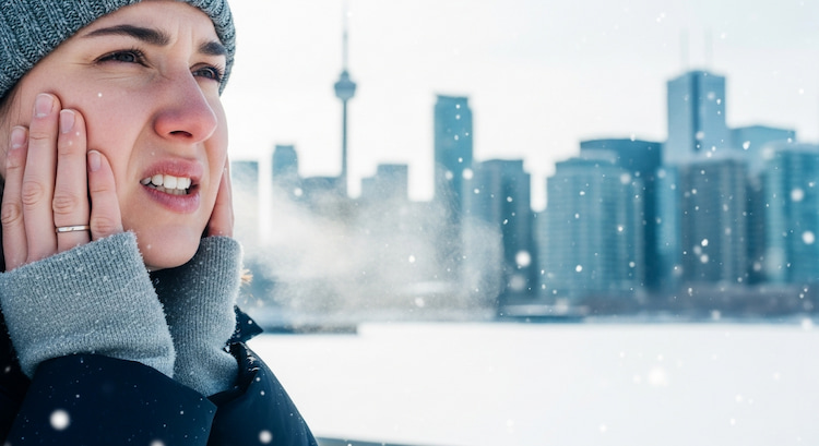 A person standing outdoors in snowy Toronto, holding their cheeks in discomfort from tooth sensitivity.