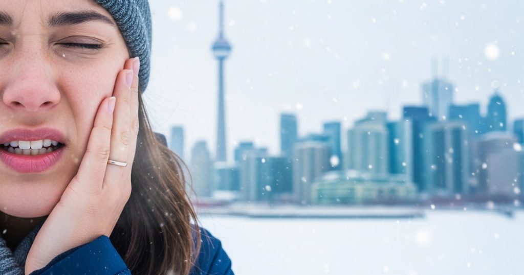 A close-up of a person outdoors in a snowy Toronto winter scene, lightly holding their cheek in discomfort from tooth sensitivity in cold weather.