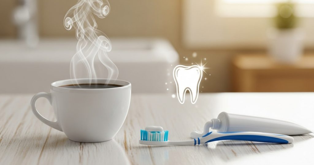 a coffee cup with rising steam beside a toothbrush, toothpaste, and a tooth icon, representing how to prevent cavities from coffee.