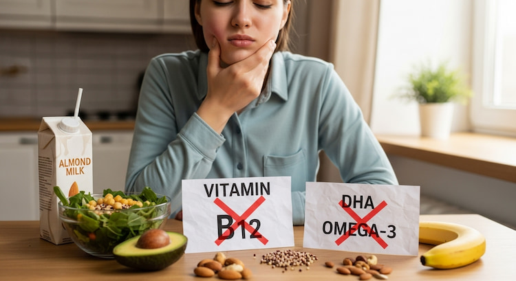 a person suffering from dental pain, with labels of Vitamin B12, DHA omega-3 with a red cross on them, showing impact of vegan diet on dental health.