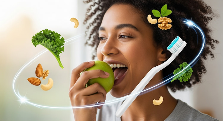 Happy vegan person with perfect smile biting into a green apple, surrounded by floating icons of kale, nuts, and toothbrush.