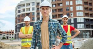 Three male construction workers standing in work clothes, one positioned in front, with a view of buildings under construction in the background.