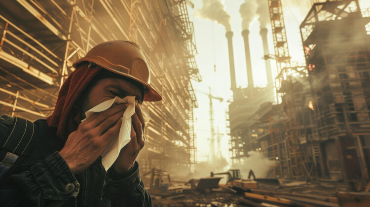 A construction worker covering his face with a cloth due to heavy dust on the site.