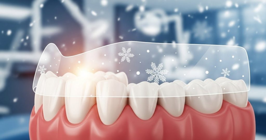 healthy gums and teeth protected against dry winter air, representing gum care.