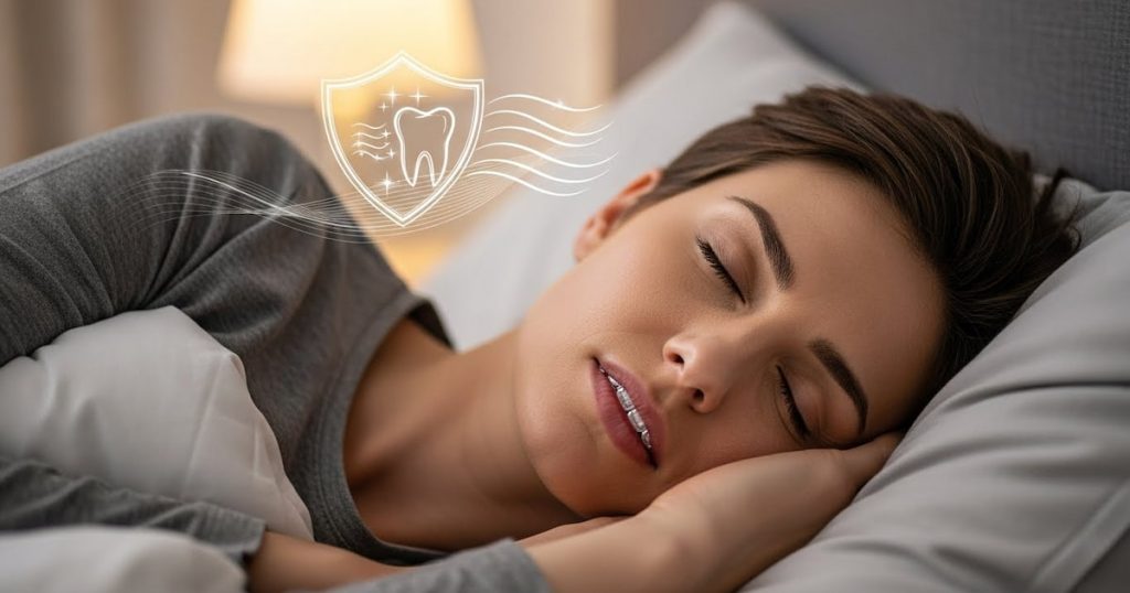 a woman sleeping peacefully at night while wearing a clear anti-grinding night guard.