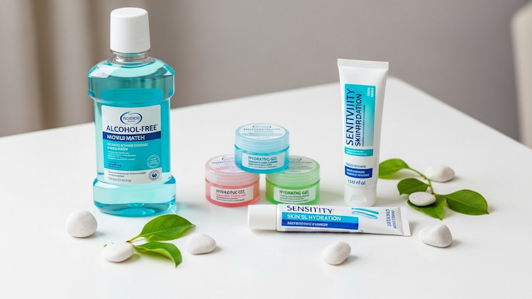 gum care products, such as mouthwash, gels, and toothpaste on a clean table.
