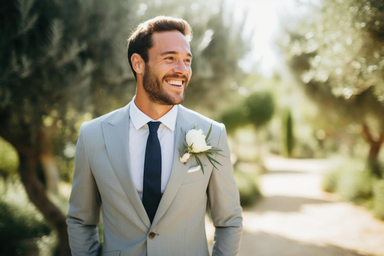 a groom is standing outdoor and smiling with his white teeth. 