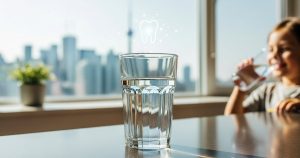 a glass of clear tap water on a kitchen counter in Toronto, with the city skyline visible through a nearby window with a smiling child drinking water.