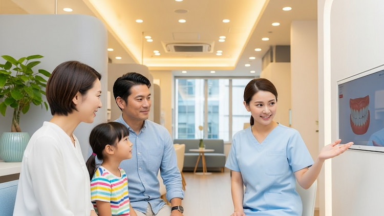 A friendly dentist speaking with a family of three in a modern dental clinic about Toronto Water Fluoridation.