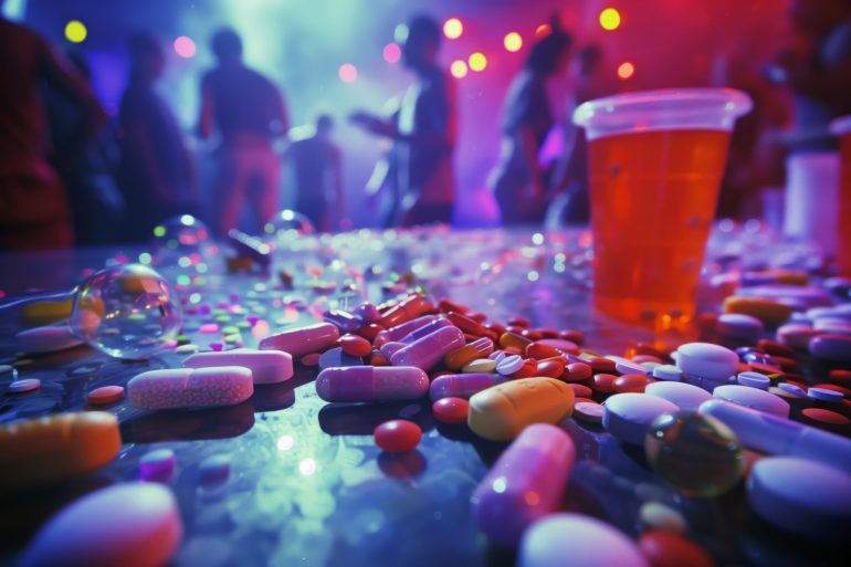Close-up of two alcoholic and sugary drinks held by people at a Toronto nightclub rave at night