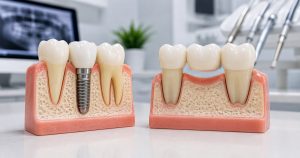 Close-up shot of a Dental Implants vs Bridges model placed on a table in a dental clinic environment.