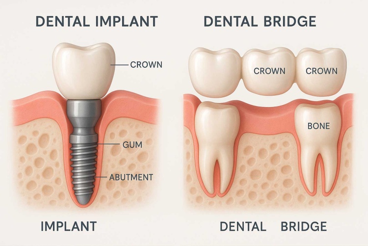 Vector illustration of Dental Implant and Dental Bridge components, with each part clearly labeled with its name.