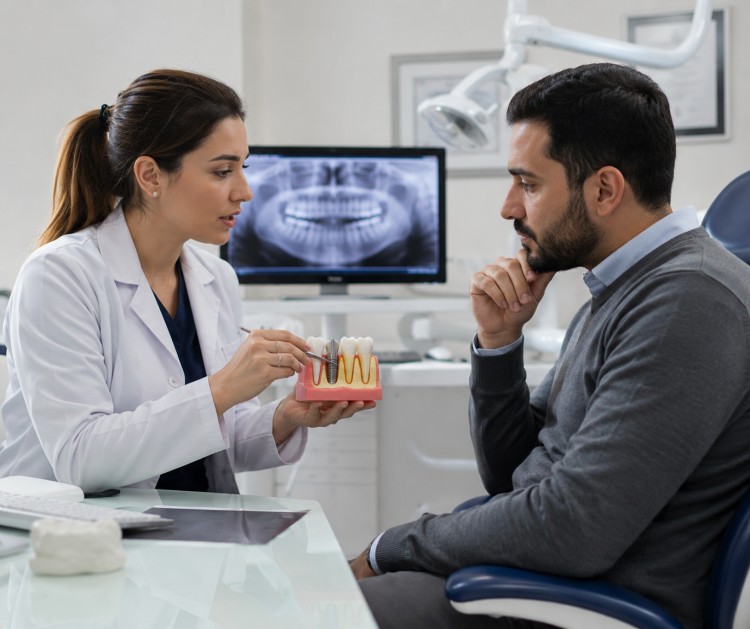 Female dentist in a clinic explaining a dental implant model to a male patient during consultation.
