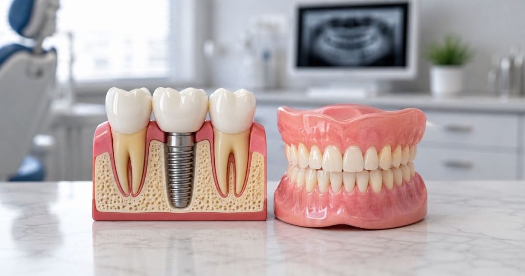 Dental implants vs dentures model placed on a table in a dental clinic environment.