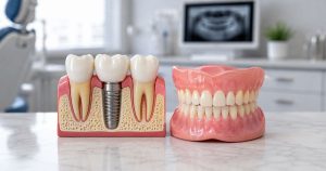 Dental implants vs dentures model placed on a table in a dental clinic environment.