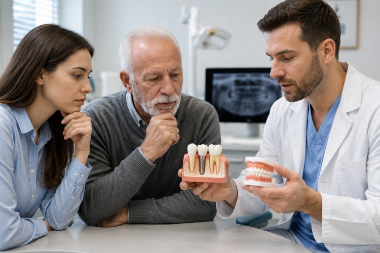 A male dentist holding a model of dental implants and dentures, explaining the treatment options to a young woman and her elderly father in a dental clinic.