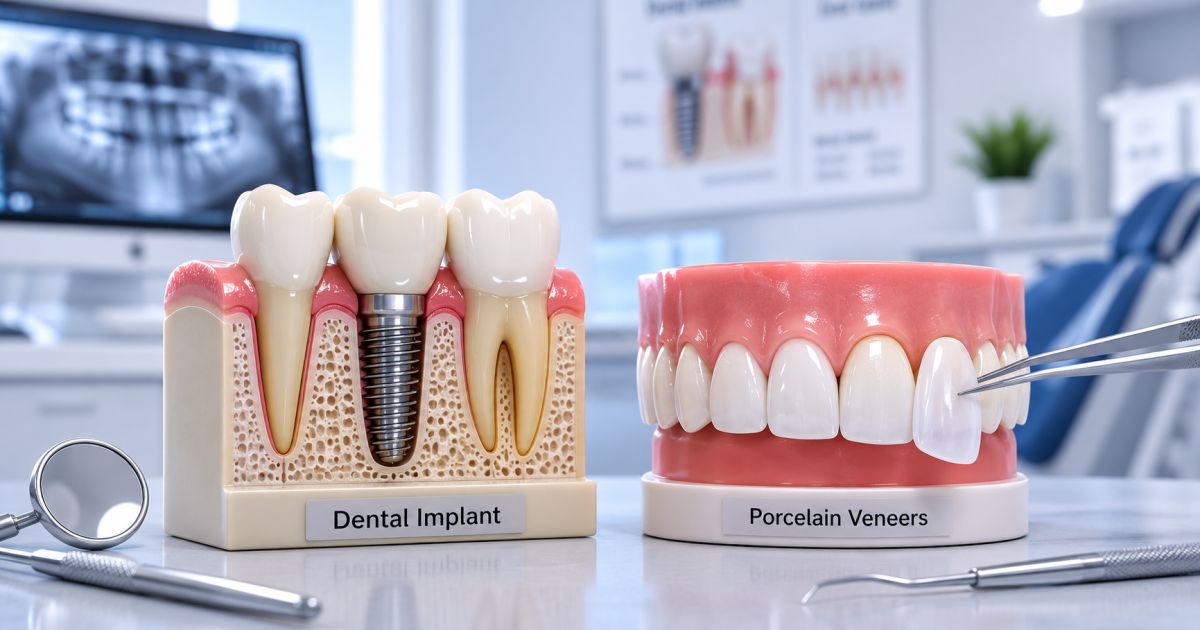 Dental implants vs veneers comparison using realistic dental models on a clinic desk