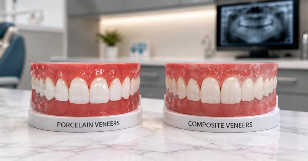 Porcelain vs. composite veneers models on a table in a dental office