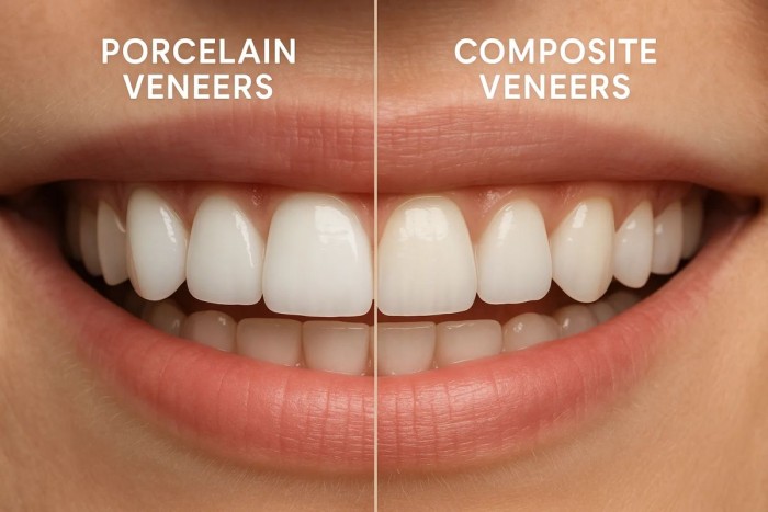 Close-up of teeth split vertically down the middle, showing the appearance of porcelain vs. composite veneers side by side