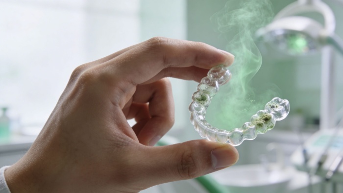 A hand holding an Invisalign aligner that has changed colour and developed an unpleasant odour.