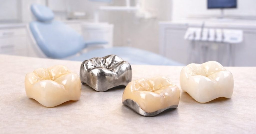 Different types of dental crowns on a table in a dental office