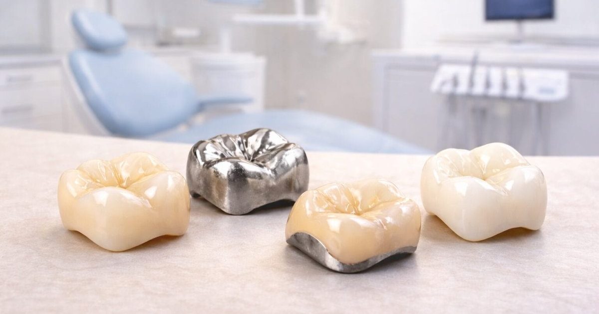 Different types of dental crowns on a table in a dental office