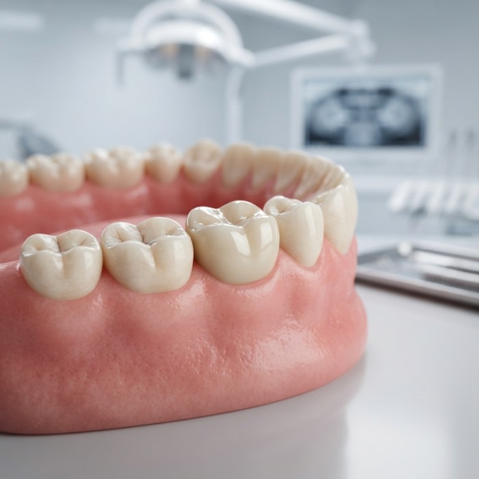 Zirconia crown on a dental jaw model
