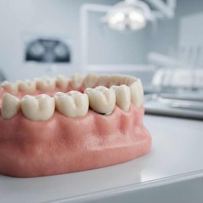 Porcelain-fused-to-metal crown on a dental jaw model