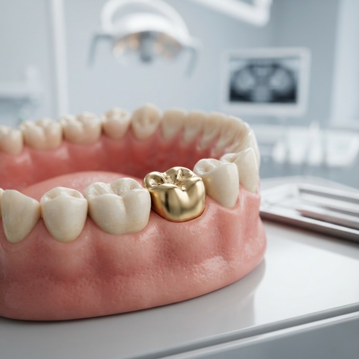 Gold metal crown on a dental jaw model