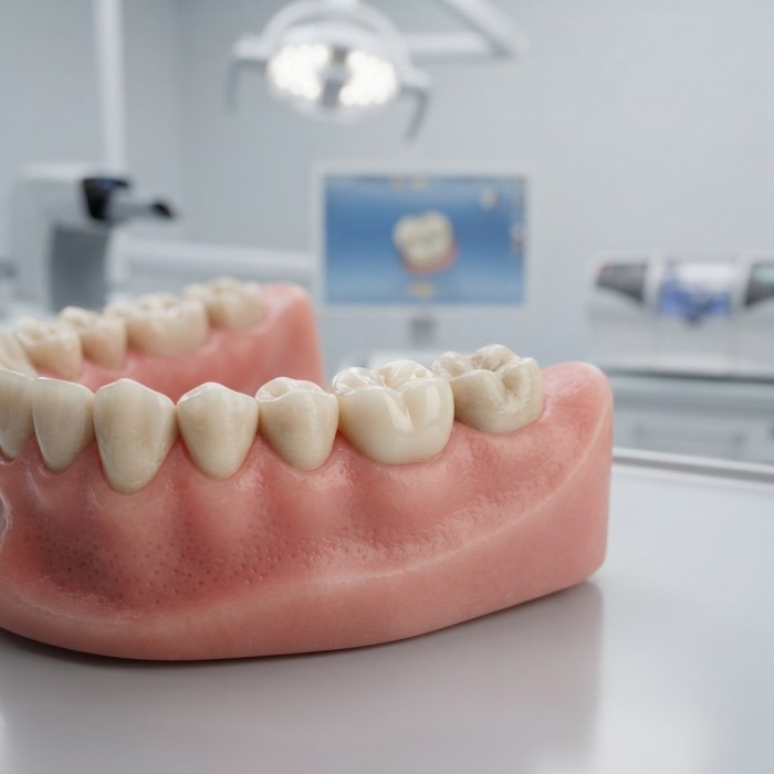 Same-day CEREC ceramic crown on a dental jaw model