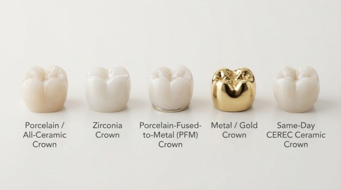 Five types of dental crowns side by side
