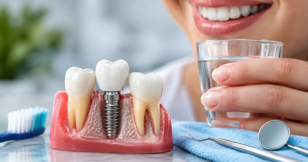 A dental implant model and a woman’s mouth, with a small cup of water in hand, representing dental implant aftercare