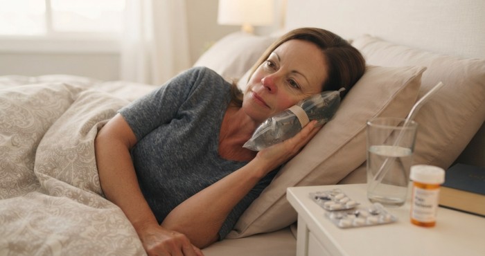 A woman resting in bed at home during dental implant aftercare, with her head on a pillow, a cold compress on her cheek, and pain medication and water beside her