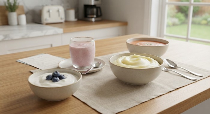 Soft, lukewarm foods on a kitchen table, including yogurt, mashed potatoes, a smoothie, and lukewarm soup