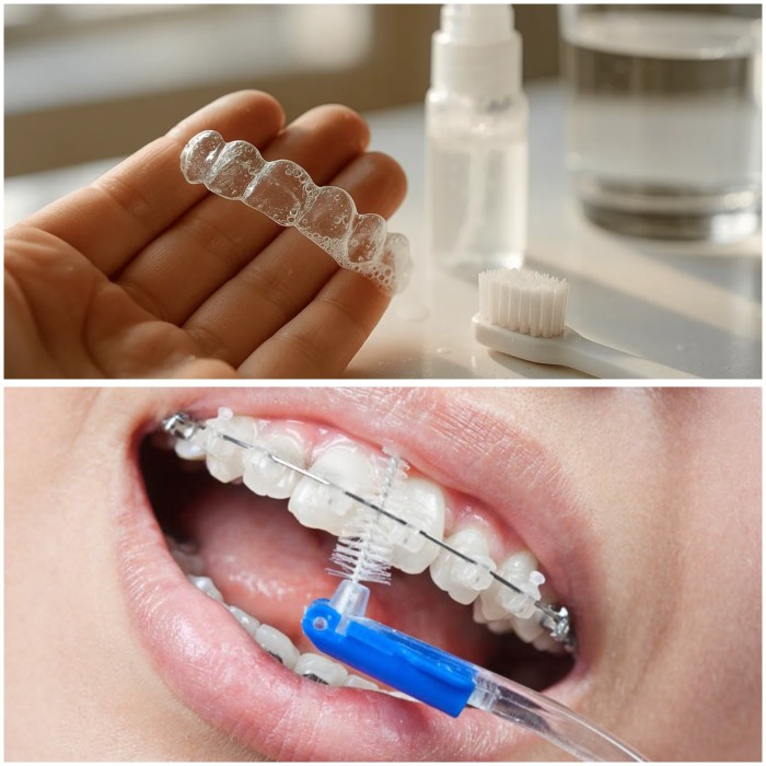 Top: Invisalign and a toothbrush. Bottom: a close-up of an orthodontic toothbrush cleaning around braces.
