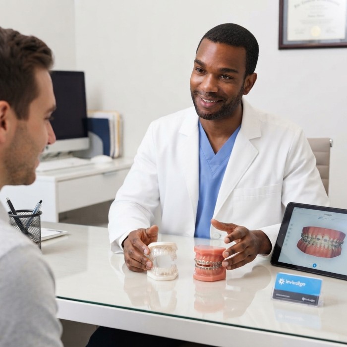 The dentist has placed Invisalign and braces models on the table and is smiling while explaining Invisalign vs braces to the patient.