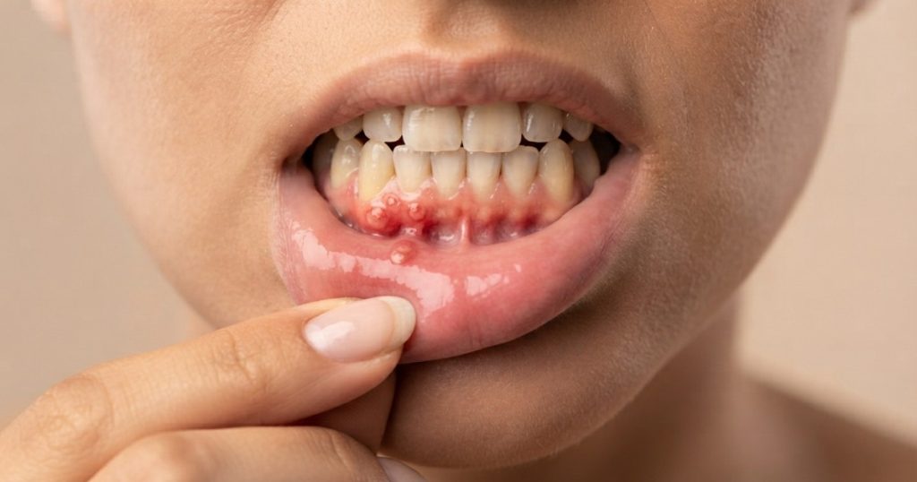 Close-up of the lower half of a woman’s face, with her lower lip pulled down by her fingers to reveal a visible gum boil.