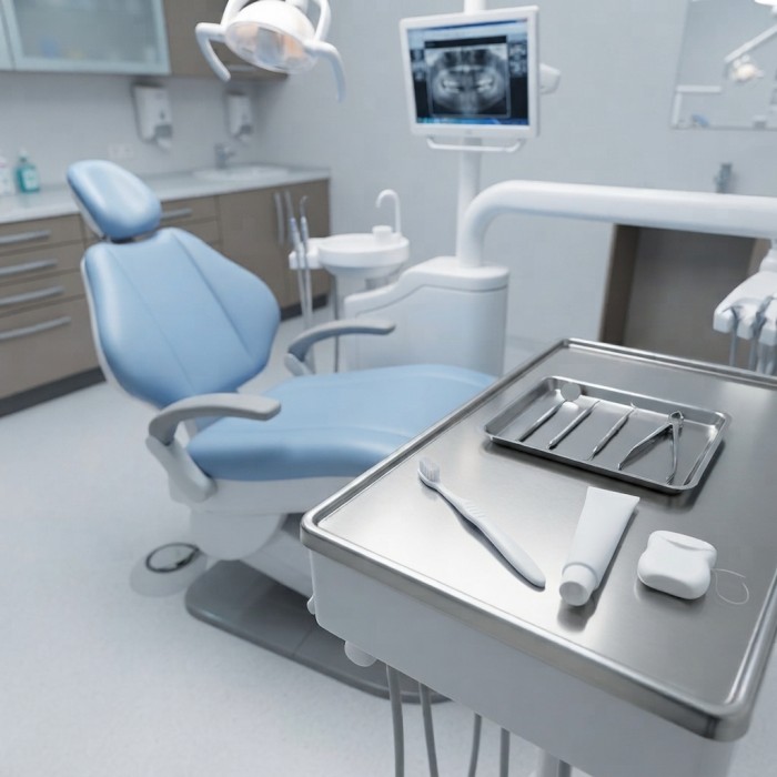 Dental clinic setting with dental instruments arranged on a table alongside a toothbrush, toothpaste, and dental floss.